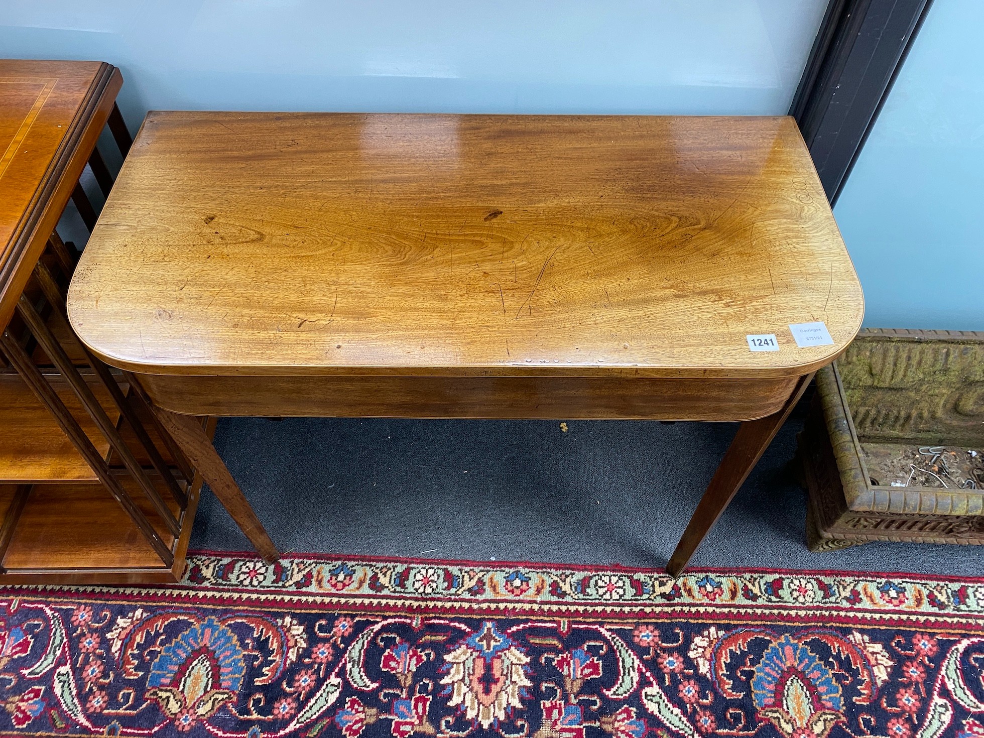 A George III mahogany card table, width 91cm, depth 45cm, height 73cm